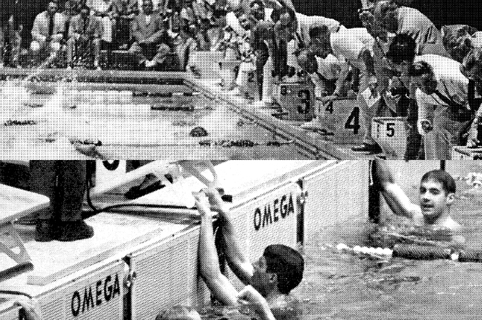 Top: Timekeepers at end of lanes relying on human eye. Bottom: Omega touchpads that accurately stops the timer at one push.